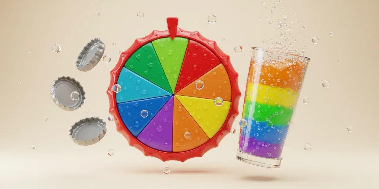 A bottle-cap wheel, flipping caps and a glass filling with rainbow fizz