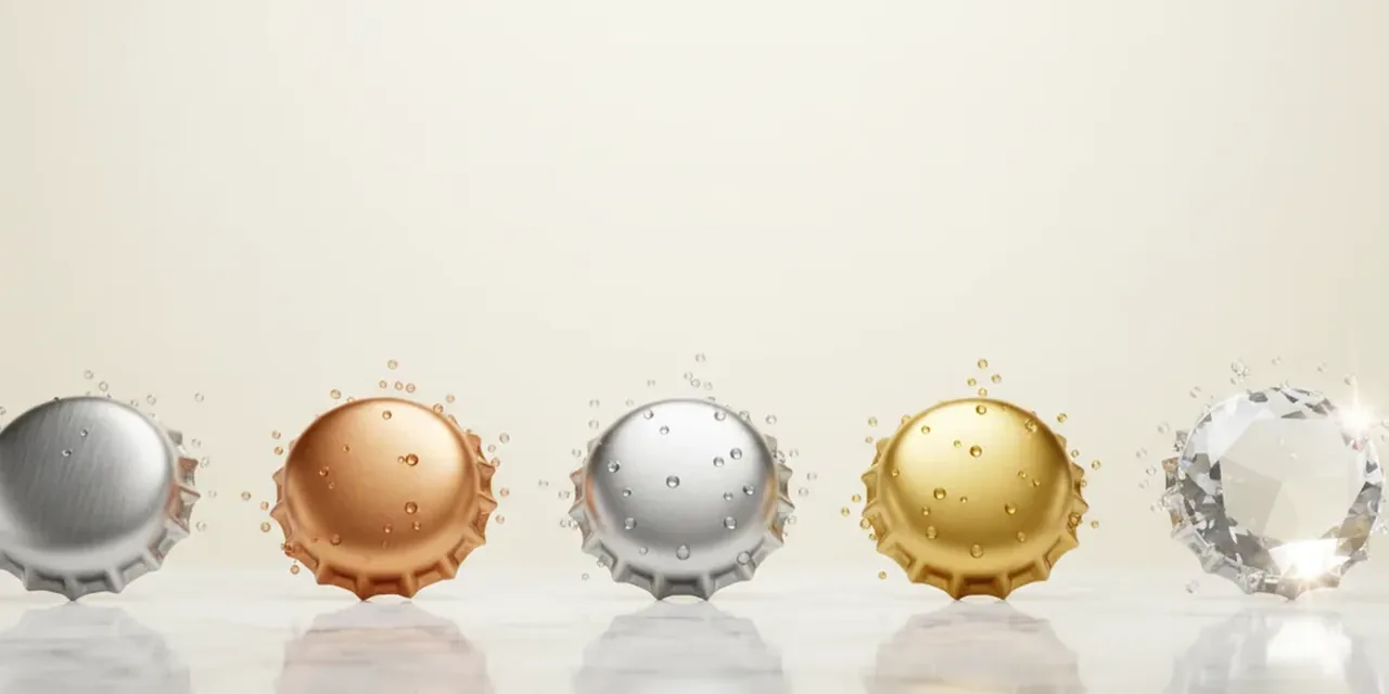 Five bottle caps rising from tin to crystal on a marble soda counter