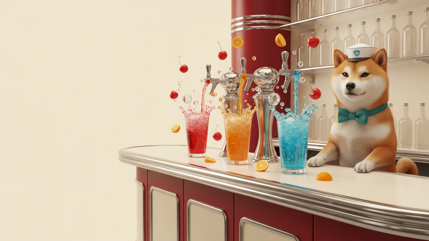 Marlowe, the Doge Soda bar keeper, behind a soda counter pouring cherry, orange and blue raspberry soda
